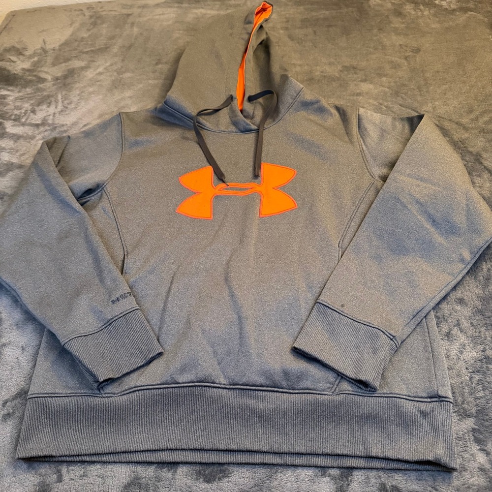 Under Armour Gray Orange Logo Storm Fleece Hoodie Sweatshirt Mens Medium